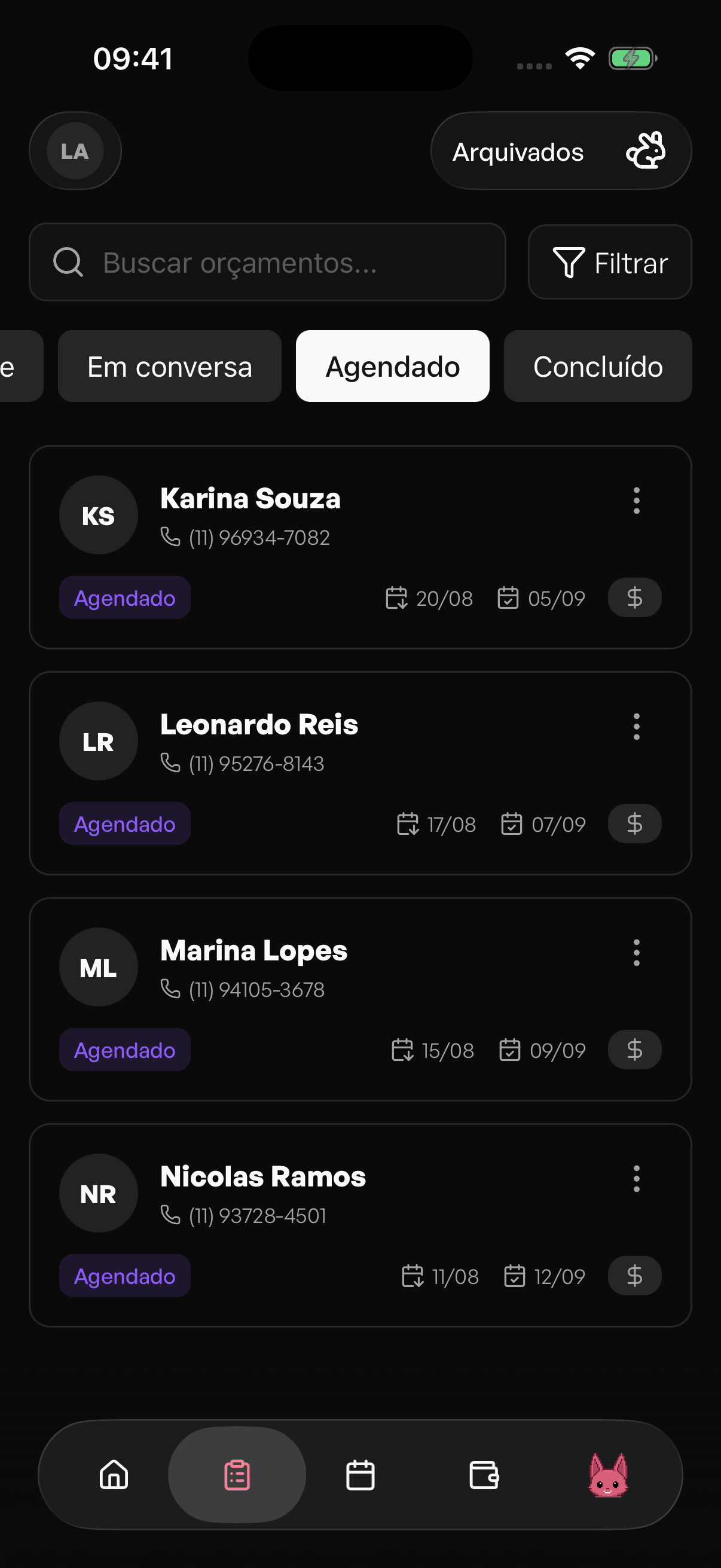 Orçamentos separados por status no app Inker