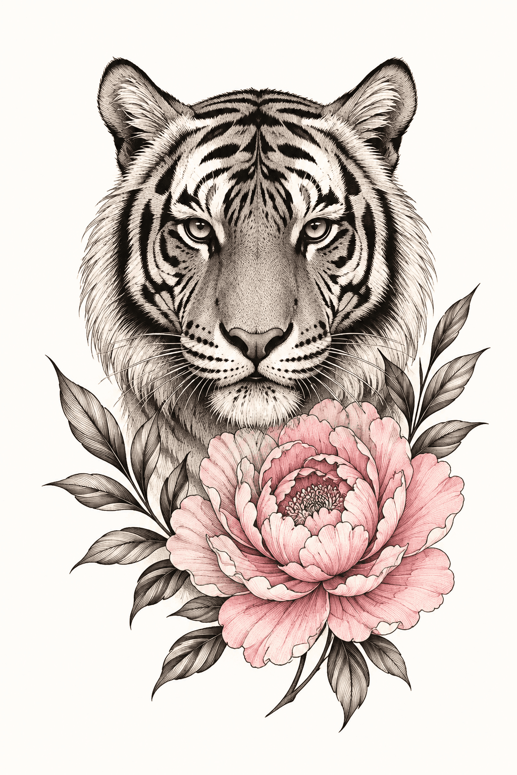 Referência original de um tigre com uma flor rosa